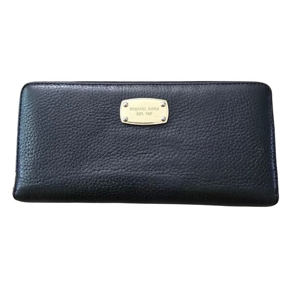 Michael Kors Wallet Black Leather Jet Set Travel Continental Zip Around Pebbled - Picture 1 of 16